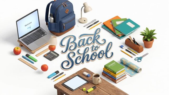 Isometric back to school supplies with laptop backpack and books on white background
