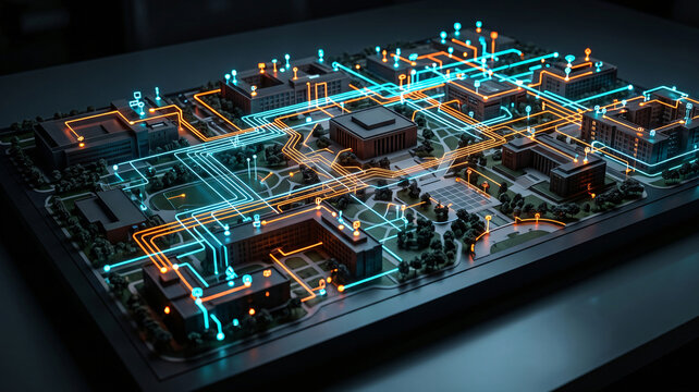 Isometric 3D smart campus architectural model projecting glowing neon abstract IoT network data streams