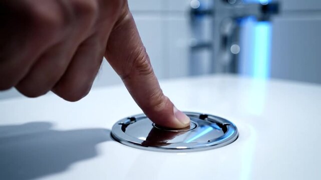 Close-up of a finger pressing a shiny chrome flush button on a white porcelain toilet, bathroom interior