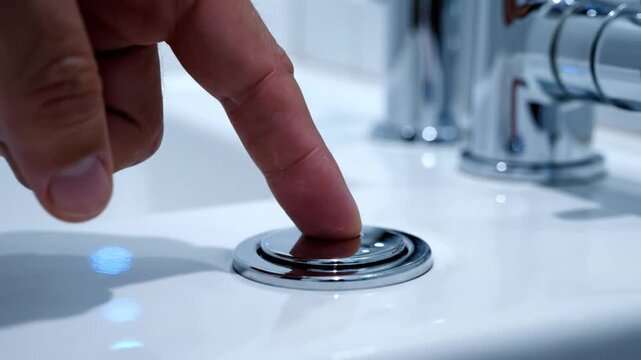 Close-up of a finger pressing down on a chrome sink drain stopper for water drainage with faucet in the background