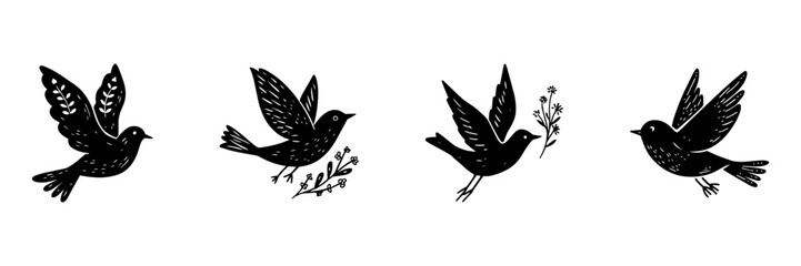 Fototapeta premium Bird Silhouettes In Hand Drawn Style Set. Nature And Freedom Doodle Sketch Collection. Decorative Use For Stationery And Crafts. Isolated Vector Illustration