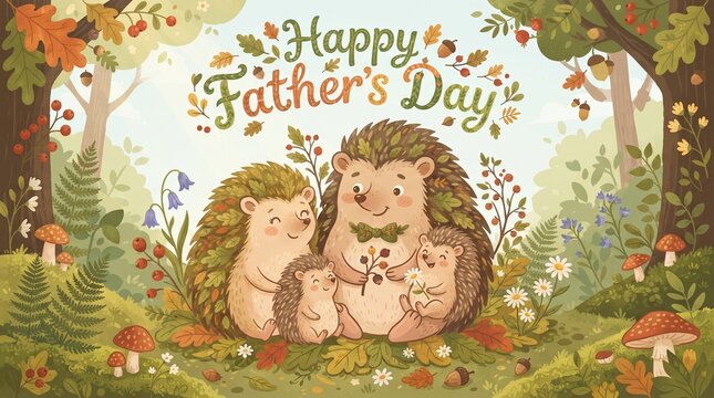 A Whimsical Illustration of a Happy Hedgehog Family Celebrating Father's Day in a Lush, Autumnal Forest Setting Featuring Flowers and Mushrooms