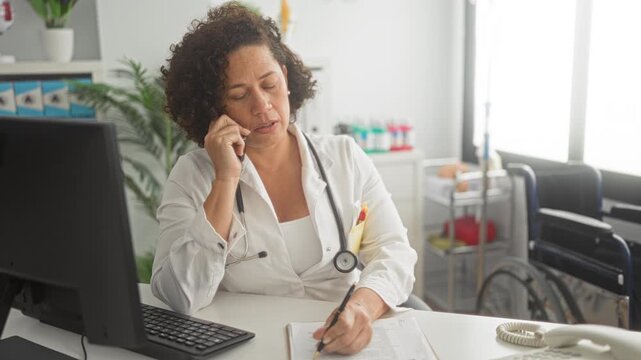 Woman doctor with stethoscope talking on smartphone while writing chart at clinic desk in medical building; tired compassion.