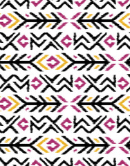 Seamless Ikat Tribal Arrow Pattern with Geometric Ethnic Motifs in Magenta Mustard and Black Vector © Uday