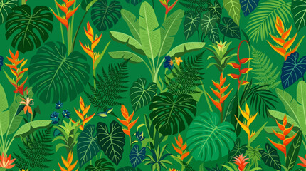 Fototapeta premium Vibrant Seamless Tropical Rainforest Pattern Featuring Exotic Monstera Leaves and Bright Heliconia Flowers for Botanical Textile Design