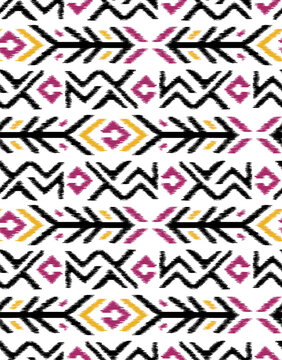 Seamless Ikat Tribal Arrow Pattern with Geometric Ethnic Motifs in Magenta Mustard and Black Vector