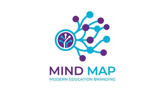 Modern mind map education branding logo design featuring abstract neural network connection.