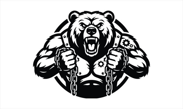 Bear mascot holding steel chains silhouette vector illustration design, bear mascot holding chains, bear mascot silhouette, bear holding steel chains, bear holding chain vector, angry bear mascot, roa