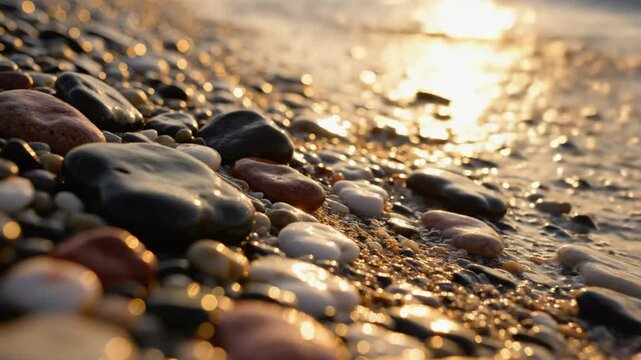Close-up of colorful pebbles and small rocks on a beach as ocean waves gently lap at the shore during sunset.