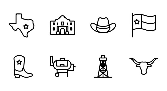 Texas Icons Collection: State Outline, Alamo, Cowboy Hat, Flag, Boot, Grill, Oil Rig, Longhorn