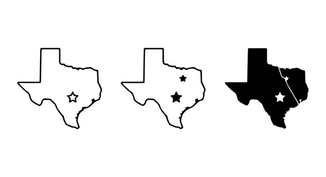 Texas State Map Icons, Outline and Silhouette Vector Graphics, Star Location Markers