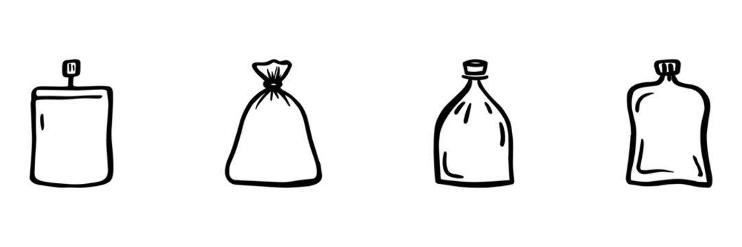 Various Bag Types In Hand Drawn Style Set. Packaging And Storage Doodle Sketch Collection. Ideal For Retail And Product Design Concepts. Isolated Vector Illustration