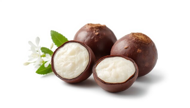 Fresh water chestnuts, round brown bulbs with crunchy white interior, set against a clean white backdrop.