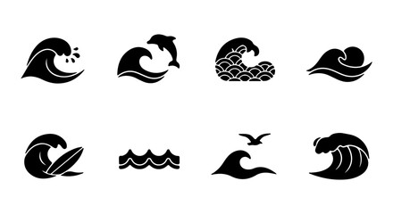 Obraz premium Ocean Wave Icons Set, Nautical Sea Swell Symbols, Surfing Dolphin Bird Vector Graphics