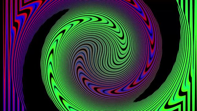 Abstract background with a central spiral vortex of green blue and purple lines creating a hypnotic optical illusion effect on a deep black background