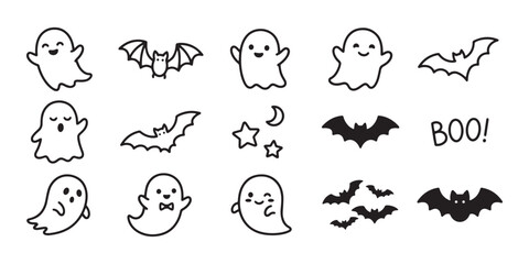 Obraz premium Cute Black and White Halloween Vector Set Featuring Adorable Line Art Ghosts, Flying Bats, Stars, and Boo Lettering.