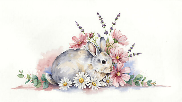 Watercolor of a cute bunny with spring flowers isolated on a transparent background