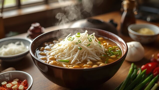 Kongnamul gukbap is a soup prepared by simmering rice and bean sprouts with different spices.