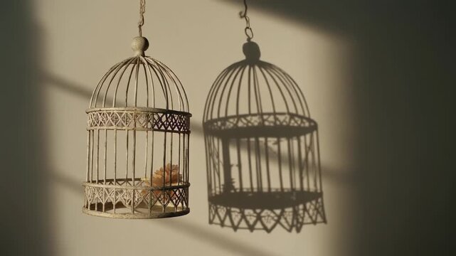 Intricate Birdcage Shadow Hanging for Confinement and Freedom Concepts