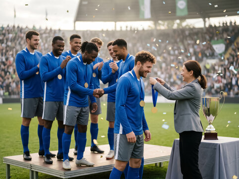 Female official awarding a medal to player