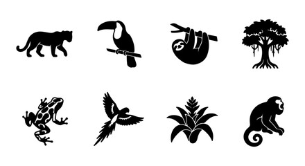 Obraz premium Jungle Animals Vector Icons Set, Tropical Wildlife Silhouette Collection, Exotic Nature Elements