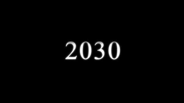 The year 2030 displayed in a white serif font centered on a solid black background representing a future date or a countdown for upcoming events