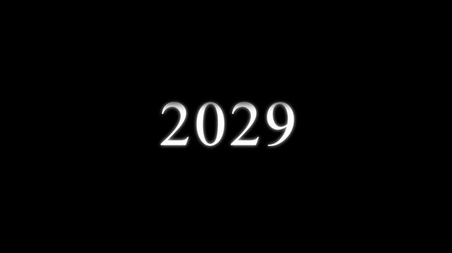 The year 2029 displayed in a white serif font centered on a solid black background representing a future date or a countdown for upcoming events