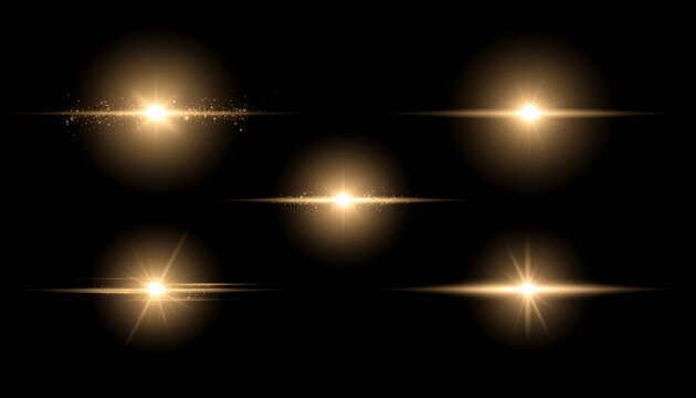 Warm golden glow light sparks and flares set on black 黒背景の黄金のグロウ光エフェクト イラスト