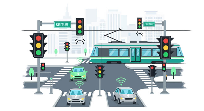 Smart City Traffic Management Illustration with Autonomous Electric Vehicles, Tram, and Connected IoT Infrastructure for Modern Urban Transportation