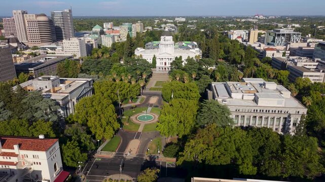 Aerial images show the west side of California State Capitol with the annex under construction to the east in Sacramento
