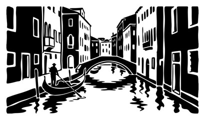 Venice canal with gondolier and historical bridge in black and white papercut style © Camel