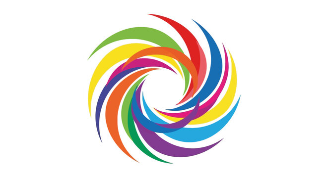 Abstract circular vortex logo design with vibrant rainbow colors.