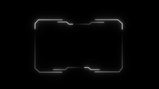 Bright white neon rectangular frame with rounded corners and digital interface lines isolated on a black background for futuristic overlays