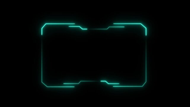 Cyan neon rectangular frame with rounded corners and digital interface lines isolated on a black background for futuristic overlays