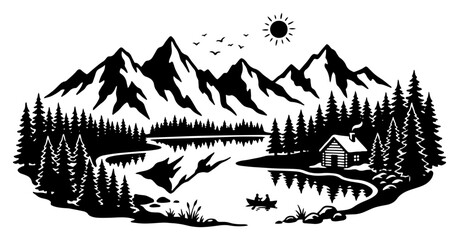 Obraz premium Modern city skyline silhouette with skyscrapers and a suspension bridge in black and white vector style