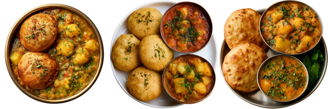 Set of Poori with Aloo Curry and Pickle on Plate  on transparent png background. Ai generated