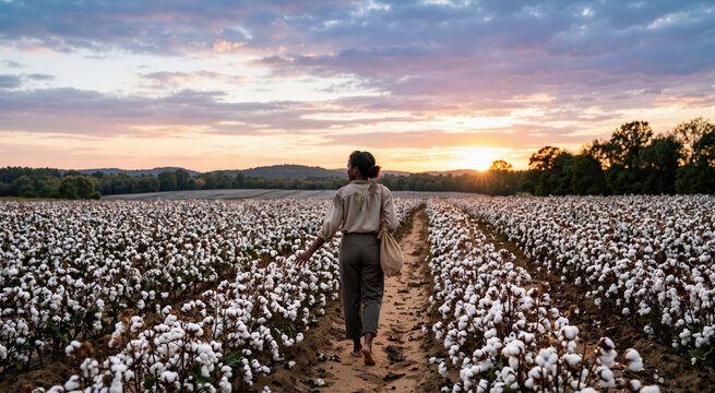 Black woman walking down a dirt path through a blooming cotton field at sunset. Historical agriculture landscape and heritage concept. Golden hour light