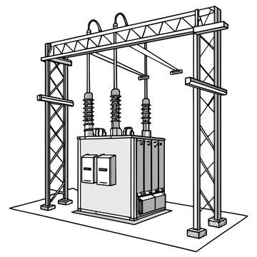 Technical of an electrical power transformer station with metal lattice towers and insulators on a white background isolated