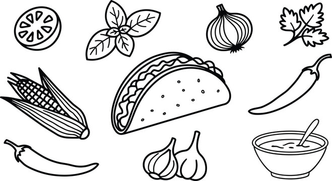 Simple black and white line art vector icon set of Mexican food ingredients featuring a hard shell taco surrounded by a slicedtro sprig, corn on the cob, chili peppers,.eps