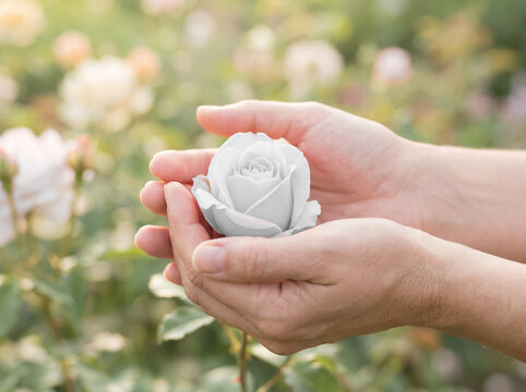 Hands holding a single white rose with care
