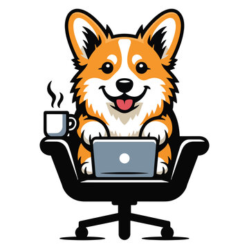 Cute corgi dog working on a laptop computer while sitting in an office chair with coffee Vector