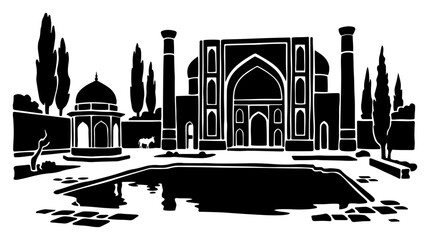 Ancient islamic architecture with mosque portal and courtyard pool in black and white silhouette style © Camel