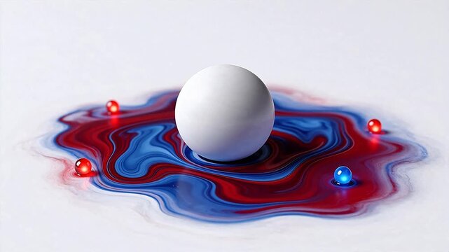 White sphere in red and blue liquid