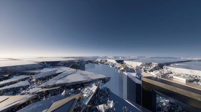 Vast panoramic abstract snowy landscape with geometric ice formations