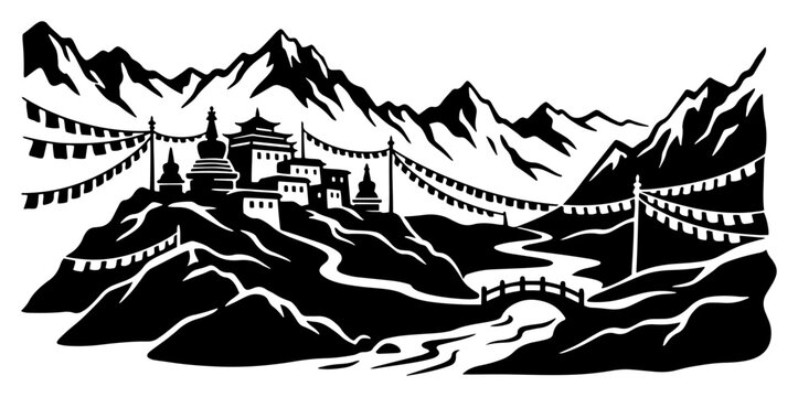 Mountain monastery with prayer flags and winding river in black and white papercut style