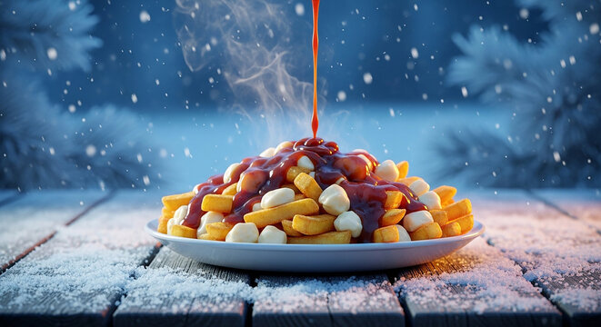 Classic poutine being served on a snowy table in winter with seasonal