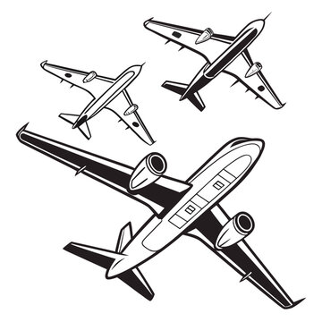 Three passenger airplanes in different flight angles, black and white isolated on a white background, for travel