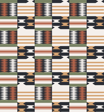 Ethnic geometric seamless pattern in earthy tones, tribal African Kente inspired vector ornament, modern boho abstract textile print for home decor, rugs and wallpapers