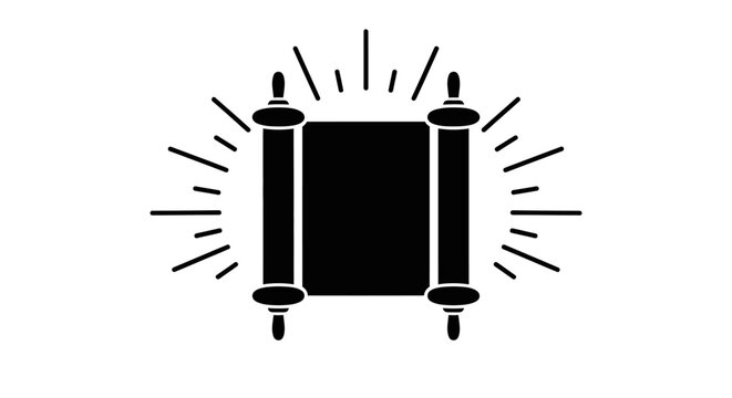 Black silhouette icon of a Torah scroll with radiant lines.