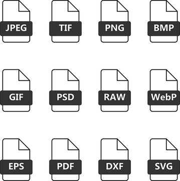 A grid of twelve file format icons, including JPEG, TIFF, PNG, BMP, GIF, PS, DRAW, Web, PEPS, PDF, DXF, SVG, Grainy